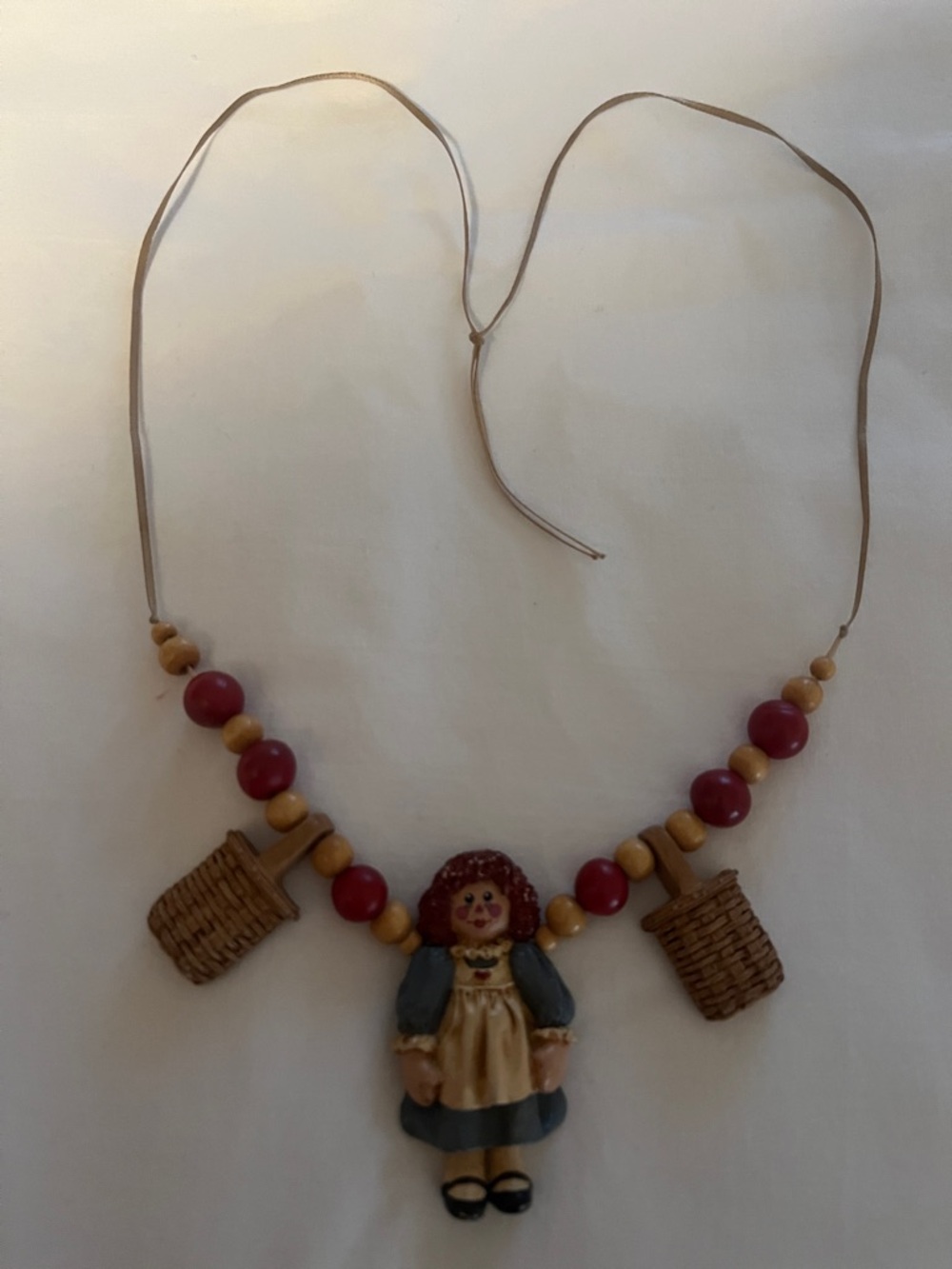 Raggedy Doll Wooden Bead Necklace with Woven Baskets